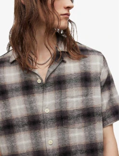 AllSaints Bernat Camp-collar Check-print Organic-cotton Shirt -Selfidges Launches R04081359 LIGHTGREY ALT04