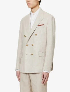 ELEVENTY Double-breasted Peak-lapel Regular-fit Wool, Cotton, Silk And Linen-blend Blazer -Selfidges Launches R04082513 SAND ALT02