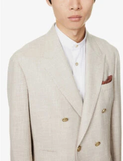 ELEVENTY Double-breasted Peak-lapel Regular-fit Wool, Cotton, Silk And Linen-blend Blazer -Selfidges Launches R04082513 SAND ALT05