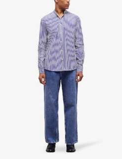 THE KOOPLES Stripe-pattern Collarless Cotton Shirt -Selfidges Launches R04137035 BLU21 ALT02