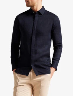 Ted Baker Jasperr Regular-fit Long-sleeve Linen-blend Shirt -Selfidges Launches R04139120 NAVY ALT02