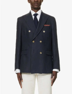 Oscar Jacobson Farris Double-breasted Peak-lapel Linen Jacket -Selfidges Launches R04145838 NAVY ALT02