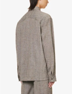 Bottega Veneta Triangle-inlay Relaxed-fit Woven Shirt -Selfidges Launches R04157970 BROWNWHITEBLUE ALT03