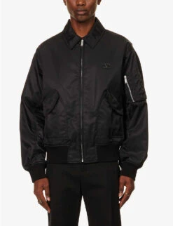 Valentino Brand-plaque Dropped-shoulder Boxy-fit Shell Bomber Jacket -Selfidges Launches R04181430 BLACKIVORY ALT02
