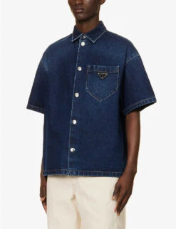 Prada Brand-plaque Relaxed-fit Denim Shirt -Selfidges Launches R04185536 BLEU ALT02