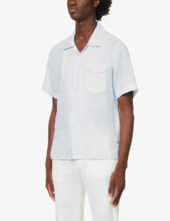 ELEVENTY Split-hem Short-sleeved Relaxed-fit Linen Shirt -Selfidges Launches R04187307 LIGHTBLUE ALT02