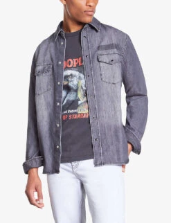 THE KOOPLES Regular-fit Long-sleeve Denim Shirt -Selfidges Launches R04187723 LIGHTGREYMELWHITE ALT02