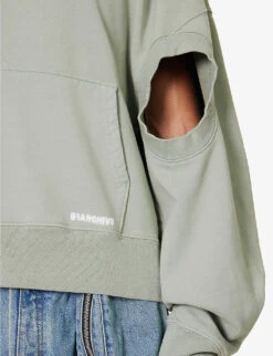 Brand-embellished Cut-out Boxy-fit Cotton-jersey Hoody -Selfidges Launches R04194904 SAGE ALT05