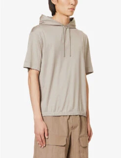 Emporio Armani Brand-embroidered Short-sleeved Jersey Hoody 9 Emporio Armani Brand-embroidered Short-sleeved Jersey Hoody -Selfidges Launches R04196950 GREIGE ALT02