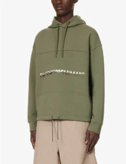 Emporio Armani Brand-embroidered Ribbed-trim Cotton-blend Hooded Jumper -Selfidges Launches R04196975 SCARABEO ALT02