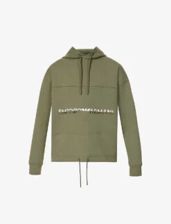 Emporio Armani Brand-embroidered Ribbed-trim Cotton-blend Hooded Jumper