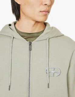 Emporio Armani Brand-embroidered Ribbed-trim Cotton-jersey Hoody -Selfidges Launches R04196978 SALVIA ALT04